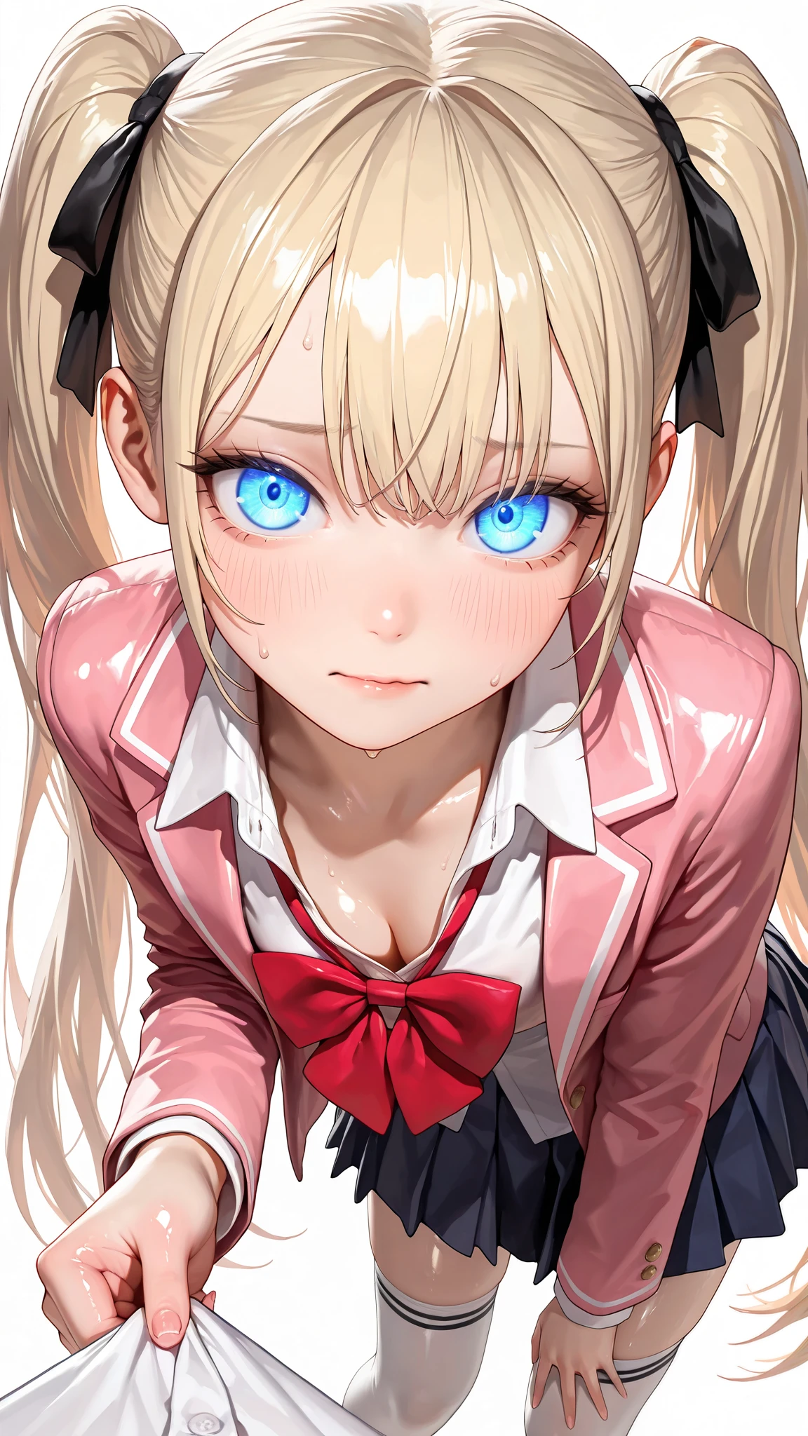 nsfw, (ultra detailed, Masterpiece , best quality ,8k, high resolution, unreal engine, very aesthetic, realistic detailed CG, sharp concentration, Ultra Fine, intricate, super detailed skin, detailed beautiful face and eyes), (1 girl), (school uniform, collared shirt, pink blazer, pleated skirt, and knee-high socks, bow, red ribbon), (textured skin, beautiful skin, perfect body, loli body, flat chest, petite, skinny, realistic skin), (blue eyes, glowing eyes, eyelashes, baby face:1.2), (detailed hair beautiful hair, blonde hair, pink dip-dye hair, very long hair, twintails), (embarrassed:1.2), Captivating thighs, Skin with attention to detail, (smooth skin, glistening skin, gleaming skin), ((white background:1.5)), ((standing, leaning forward)), (looking at viewer), (from above, cowboy shot), (cleavage, shirt grab), 