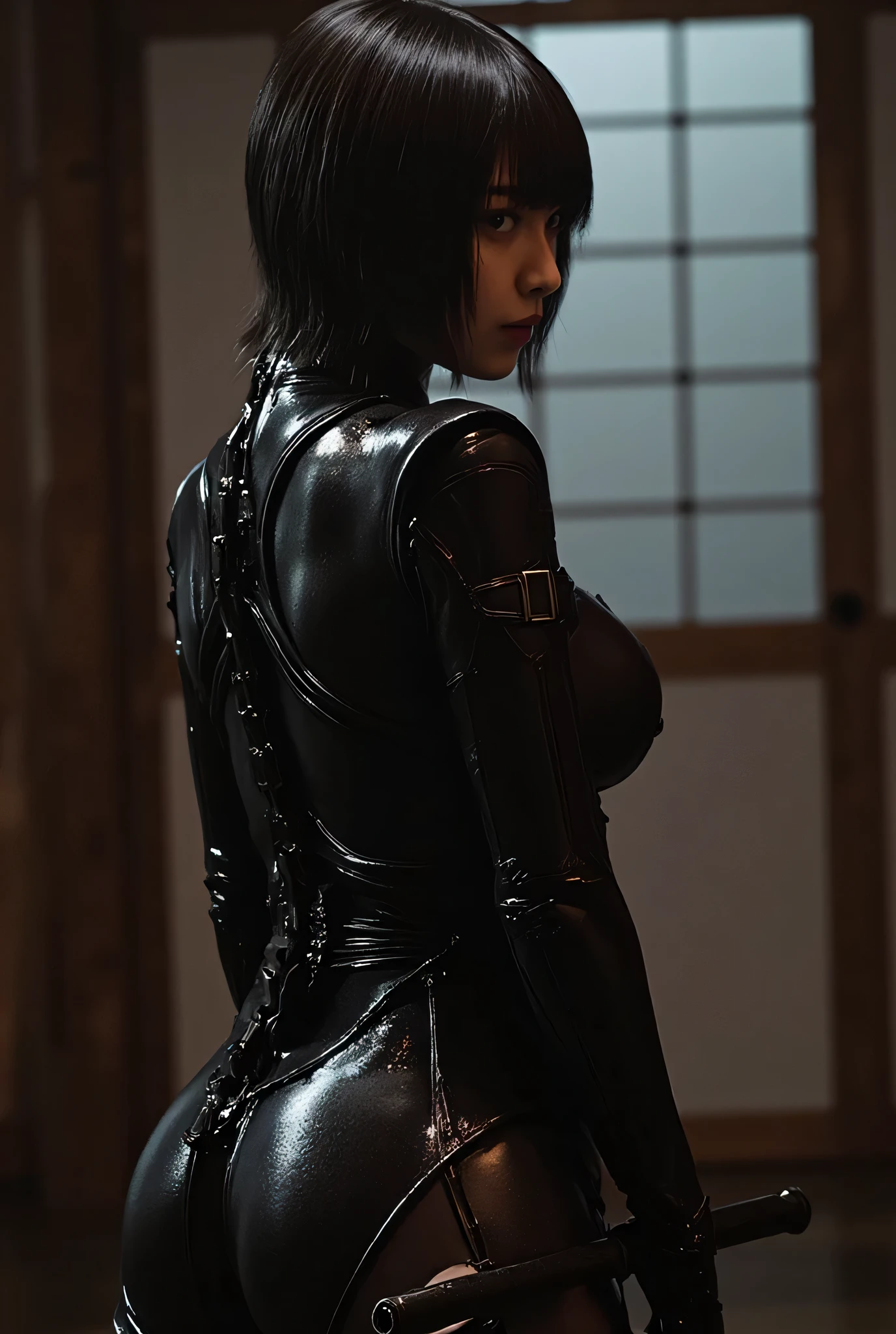 (((The dark interior of the Nostromo ship :2.0))),((( HR Gigger Style Cyberpunk Atmosphere :2.0))),(((Pinch a Japanese sword with your butt:2.0))),side view from the back,Side pose,(( Look Back and Look at the Camera:2.0)),(( looking back over my shoulder :2.0)),Rear View,((full body:2.0)), one woman,( cute face),(Beautiful well-balanced face ),(( natural big breasted :2.0)),( black hair:1.5),(beautiful eyes:1.3),glamorous shot of a 20-year-old Japanese woman, Slender Beautiful Body ,((Model body type:2.0)),(( slim body with hot water:1.7)),perfect body line,ideal proportions,(big breasts:2.0),Bare thighs,sensual thighs seen from below the crowd,delicate body,( Muscular:1.5),A harmonious posture,((Beautiful ass:2.0)),((cute ass:2.0)), ((((Bare ass :2.0)))),((( T-back :2.0))),(Realistic breast depiction :1.5),carefully depicts limbs based on perfect anatomy,((futuristic samurai style black super high leg leotard:2.0,((super high-leg leotard made of camy-style latex that fits the body:1.5)),((military coat style black kimono with the front open over a leotard:2.5)),(ear monitor:1.5),((Tactical Holster:1.5)),(gloves:1.3),concept art,(Highest quality:1.5),(masterpiece:1.5),(超高resolution),resolution,UHD,( delicate depiction), carefully drawn with butterfly wings ,32K,((realistic skin texture:1.5)),((( super realistic :1.5))), eyelashes,highly detailed face,Highly detailed female hand,Very sensual,(Blurry Dim Backgrounds :1.5),professional photo shoot,( Movie Lighting:2.0),(( Blade Runner Style Lights :2.0))