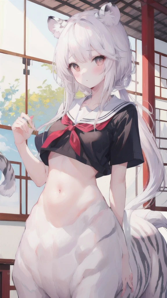 (best quality, masterpiece), 1 girl, centaur, I beg, White skin, Japanese schoolgirl,daughter,black pink, exposing the abdomen, belly button t-shirt , beautiful girl perfect, White tiger photo, 완벽한 White tiger photo