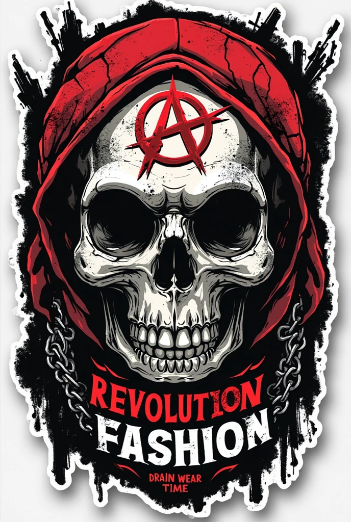 **Prompt:**  

"A bold and edgy sticker design inspired by revolution cult fashion. The sticker features a mix of punk, gothic, and streetwear aesthetics with sharp typography, rebellious symbols like anarchy signs, skulls, chains, and bold slogans. The color palette includes black, red, and white with a distressed, grunge texture. The design has a raw, underground vibe, perfect for urban fashion enthusiasts."
