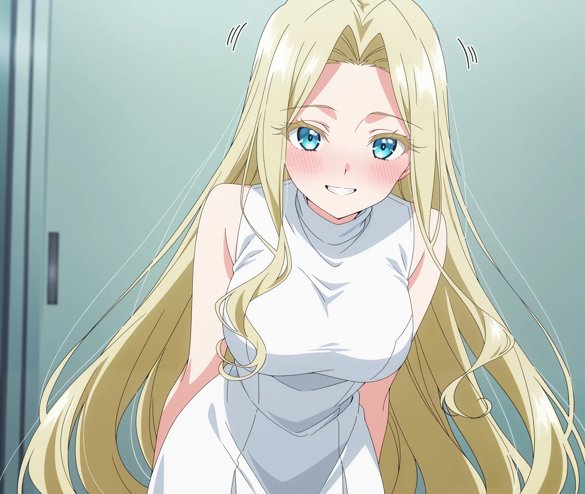 score_9, score_8_up, score_7_up, source_anime, mimimi utsukushisugi, long hair, bangs, blue eyes, blonde hair, very long hair, parted bangs, hair intakes, colored eyelashes, breasts, anime screencap, dress, sleeveless, white dress, sleeveless dress,motion lines,wide smile,blushing, closed teeth, happy,, showing teeth,looking at viewer, solo,cowboy shot,