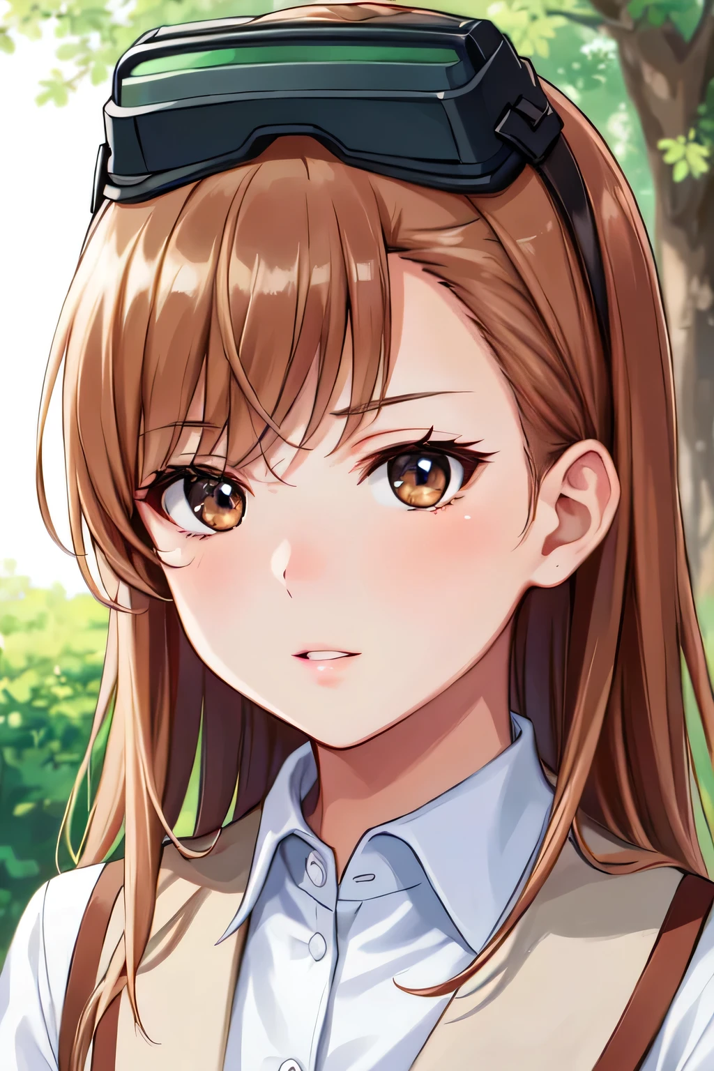 half-closed eyes:1.3, MISAKA 10032, 10032, Neutral face:1.3, Blank-faced:1.3, tokiwadai school, uniform, goggles on head (extremely dlietailed CG, masterpiece, highres icon,absurdres,4K)