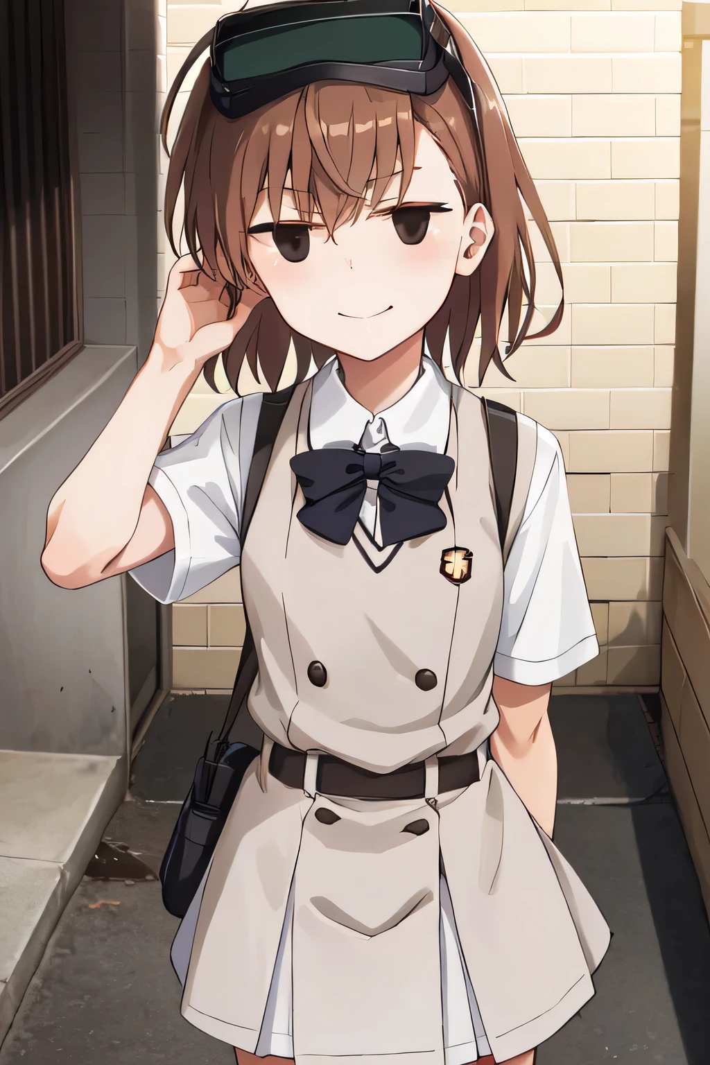 jitome black eyes:1.5, MISAKA 10032, 10032, smile:1.8, looking at viewer, Feigning innocence, tokiwadai school, uniform, goggles on head (extremely dlietailed CG, masterpiece, highres icon,absurdres,4K)