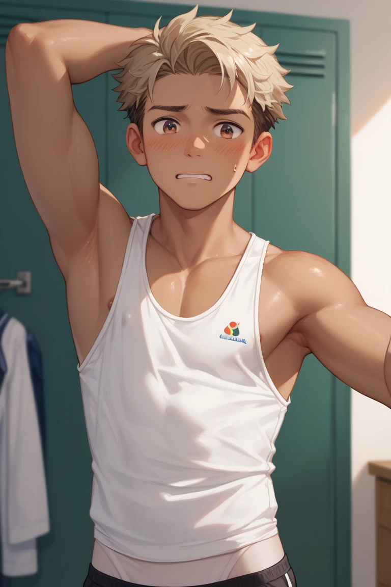 (Highest quality)，masterpiece，8k wallpaper quality， Cinematic,effort,1 boy,White tank top, Huge muscles ,Raise your hand,Underarm, Sweating Short Hair