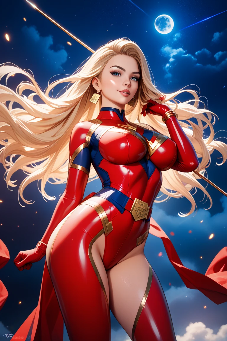 (masterpiece:1.4), (best quality:1.4),extremely detailed, intricate, hyper detailed, 1girl, Blonde hair, dress, down on one knee, (perfect_face), 4k, detailed_background, full_body, a close up of a woman in a ripped and torn costume, black corset skirt combo, gold inlay, red cape, hyper detailed, zenescope, bodybuilder superhero bikini, muscular super hero women, artgerm comic, extremely detailed artgerm,