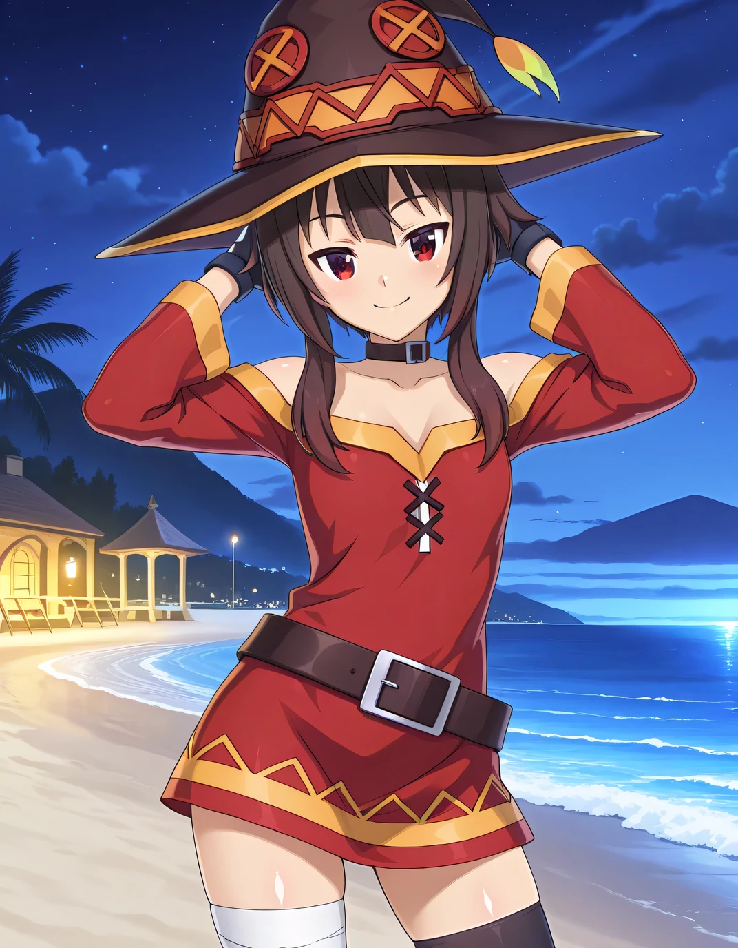 Megumin-Liver020,
1girl, solo, short hair, brown hair, black hair, short hair with long locks, red eyes, red dress, short dress, witch hat, gloves, black gloves, fingerless gloves, thighhighs , black thighhighs, asymmetrical legwear, single thighhigh, black belt, brown belt, belt buckle, choker, black choker, collar, bandages, bandaged leg, bare shoulders, long sleeves, collarbone, mismatched legwear, black headwear, brown headwear, zettai ryouiki, off shoulder, off-shoulder dress, anime screencap, shiny skin, solo, night sky, beach, hands behind head, (contrapposto), closed mouth, cowboy shot, looking at viewer, smile, best quality,
