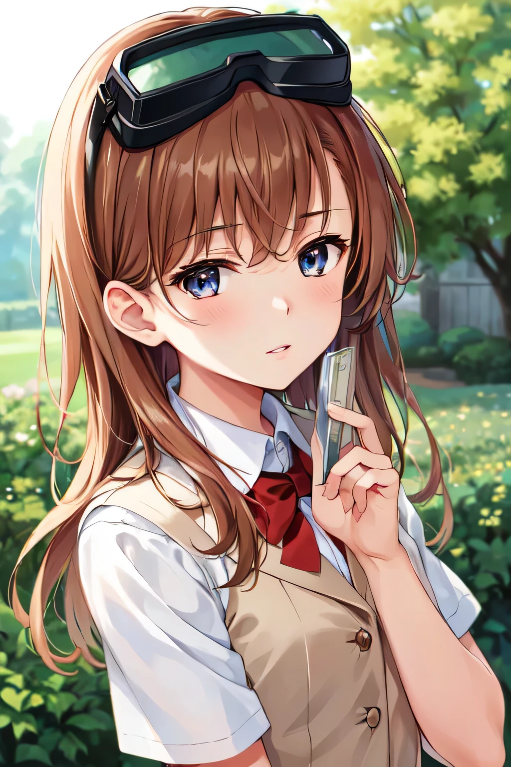 half-closed eyes:1.3, MISAKA 10032, 10032, innocent, Neutral face:1.3, Blank-faced:1.3, tokiwadai school uniform:1.2, goggles on head (extremely dlietailed CG, masterpiece, highres icon,absurdres,4K)