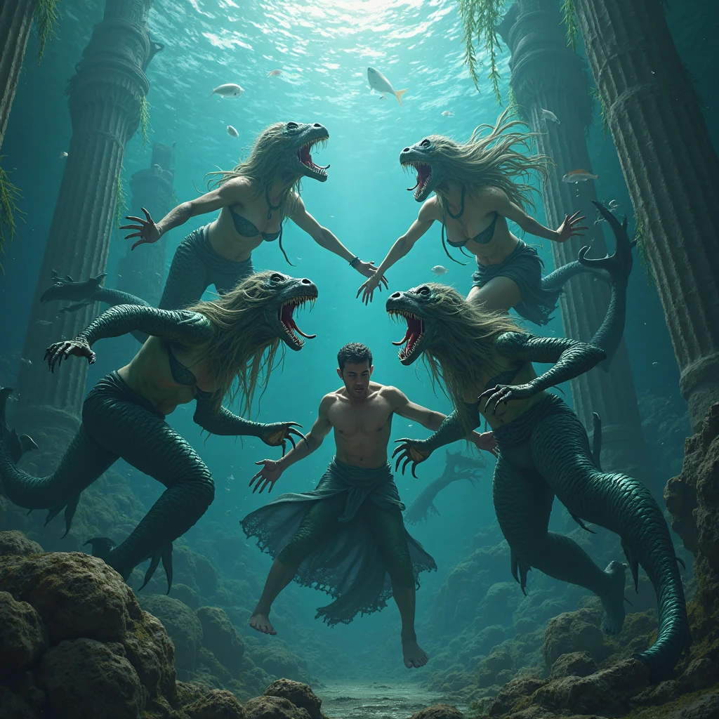 mermaid troops found him and drag him deep towards the center of the river thinking that he has killed their beautiful princes,