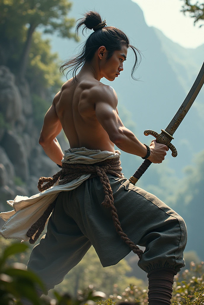 Chinese martial arts male,sword fighting,Chinese Ancient Architecture,white clothes,Tall,Huge muscles,Hands holding a sword,Place it directly in front of you,There is flame on the sword,Background of a snowy scene,verism style,8K,Hyper Real,ultra - detailed、unreal 5 render,A high resolution,Clear and handsome face