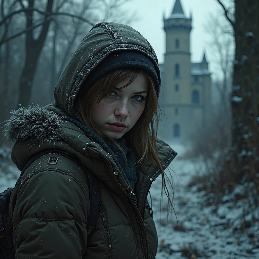 Horror-themed a frigid (ohwx:1.2) girl As Ellie, trekking through a snow-covered forest, her breath visible in the cold air, with a distant silhouette of infected against the snow., Hair frosted with snowflakes, illustrating the harshness of winter survival., <lora:epage_lora_sdxl_v1:1> . Eerie, unsettling, dark, spooky, suspenseful, grim, highly detailed
