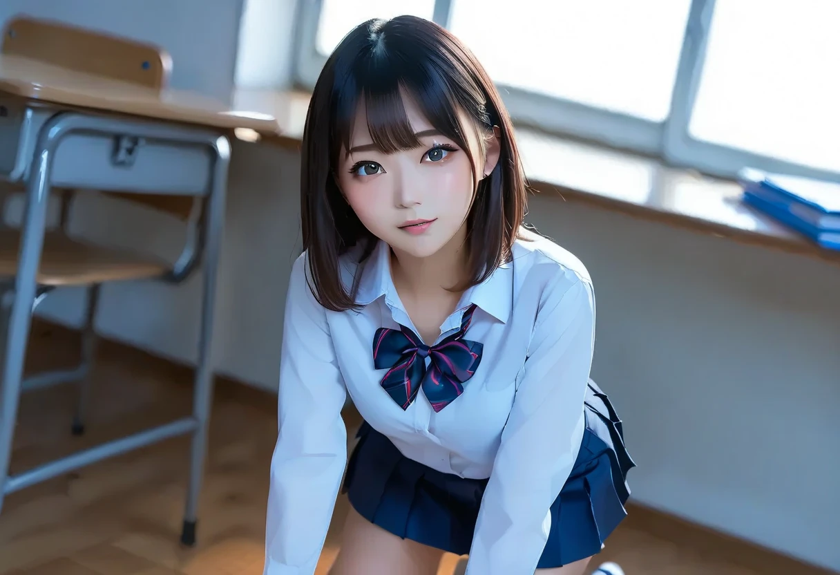 masterpiece,highest quality,Ultra-high resolution、Beautiful women,Mature Woman、((In the classroom))、((Detailed ,Detailed JK Uniform:1.57))、8K Photo,(Photorealistic:1.37,Surreal),Highly detailed integrated CG 16K raw photos:1.5、One girl,(((Perfect body:1.2)),(Beautiful breast bulge:1.2),Amber Eyes,Eye highlights,Downcast eyes,Looking at the audience,(((Straight from the front)))),Smile shyly,(high quality skins:1.2,shiny silky skin),Anatomically accurate depiction、8K Ultra HD,Digital SLR,Soft lighting,super high quality,Ilm grain,Fujifilm XT3,((whole body: 0.95)),(Professional Lighting:1.4)、