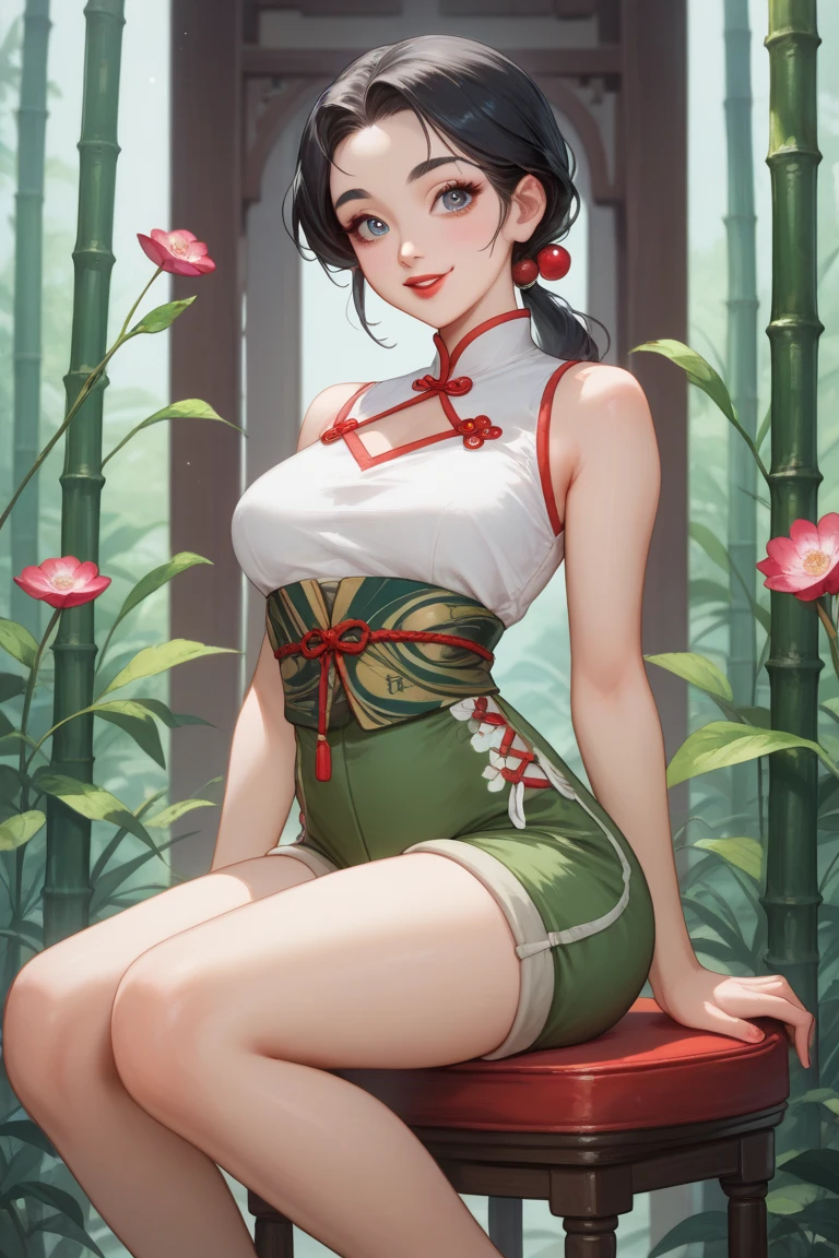 A woman in tight clothes, in a Chinese garden, Chinese palace in the background, autumn themed, with peacocks around, smiling, brown eyes, black hair with dark green details, large breasts, ultra resolution, well defined, masterpiece , 4K
