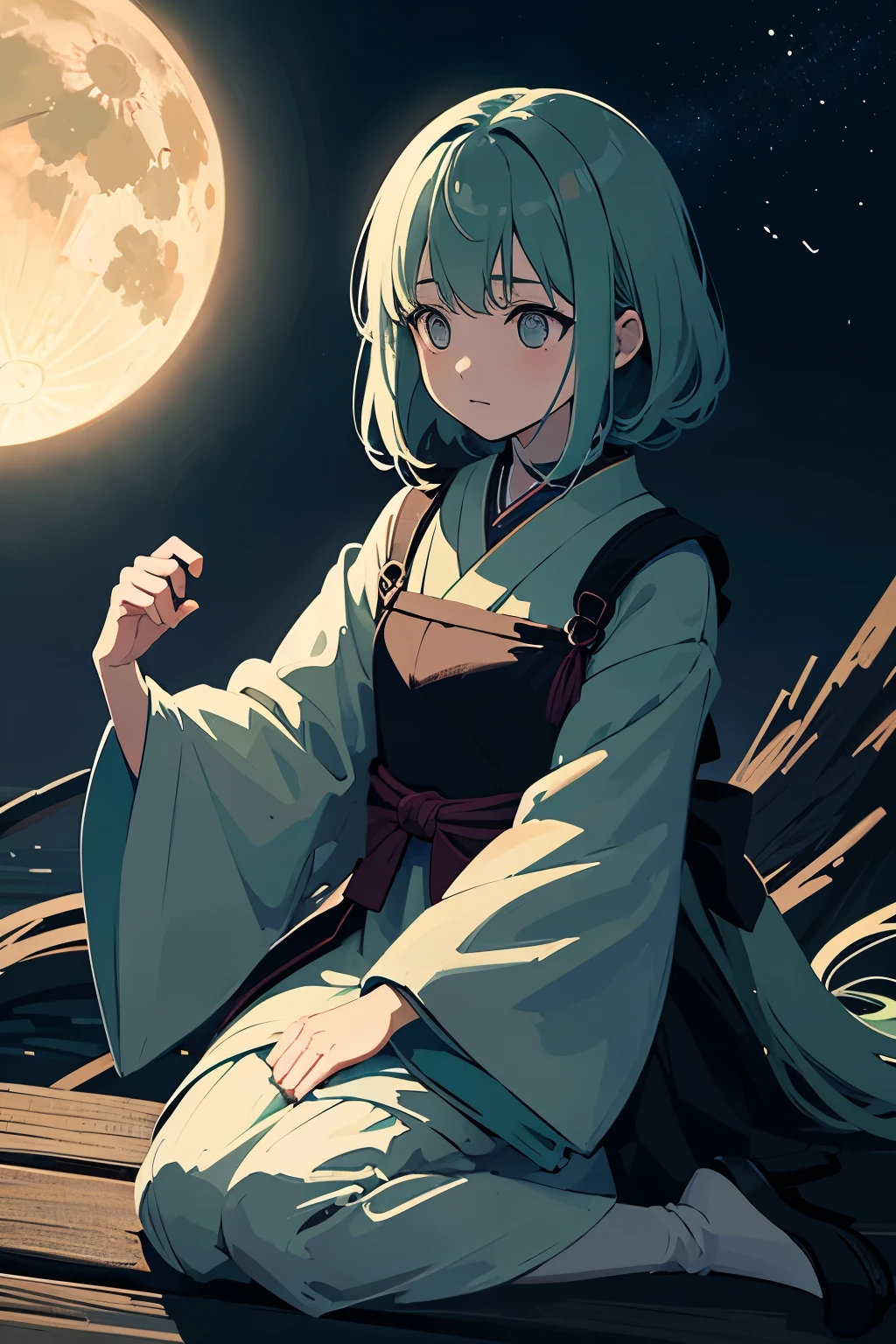      Translucent Illustration     、     Japanese Anime Style Illustration     、    Small Silhouette Seen in the Distance    、  The shadow of the little witch on the broom is visible in the distance 、green、   dynamic angle 、  Amazing、 highest accuracy、 top quality 、   fantasy、Effective Production     、    Full Moon Seen in the Distance    、   Night Seaside Town Sky    、   Horizontal Line、movie、  artistic、delicate、sentimental、 highlights 、 Contrast 