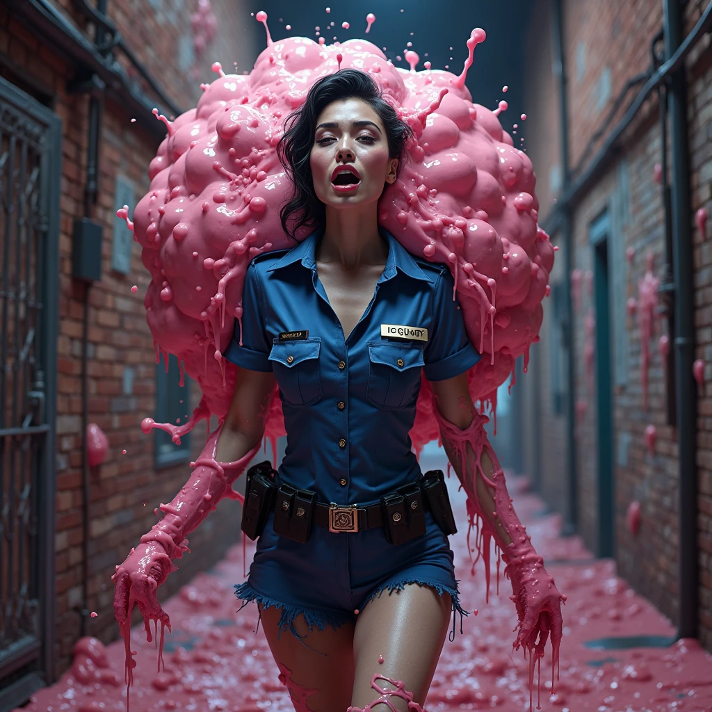 pulp horror, wicked grin, 1girl, (cream champion:1.3), (in a ragged storage room:1.3), (full body:1.4), thigh gap, vivid black hair, half updo, crimson eyes, , (from below:1.5),(from behind:1.5), (looking at viewer:1.7), wide hips, narrow waist, athletic hourglass figure,(muscular:0.6), , (long dress:1.2) [:sexy costume design:0.2], korean<lora:EnvyPulpHorrorXL01:1.5:1.5:lbw=ALL>