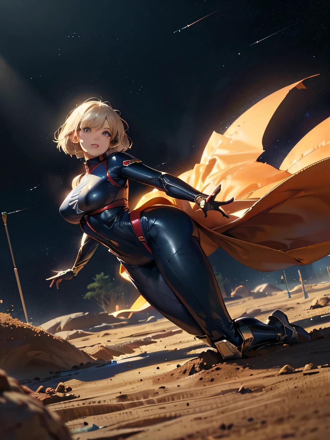 ( from below)、superhero landing, Scifi Room, OPLL, ((female superhero landing scene where she brakes with both feet on the ground))、(Highest quality、8k、High Resolution、masterpiece:1.2)、 RAW photos 、realistic、Ultra-detailed、(perfect anatomy:1.5)、1 girl、 Hourglass Figure 、( Upwards Super Big Breasts :1.3)、erect nipples and raised areolas on clothes、Clear pussy 、 Narrow Waist 、Big Broad Ass 、(legs spread very wide)、Sexy Miniskirt Bodysuit、((beautiful eyes))、(beautiful well-groomed face)、confident smile、(Dynamic long jump landing poses:1.3)、(scattered dirt and sediment:1.2)、 sci-fi realism 、Structure of the film