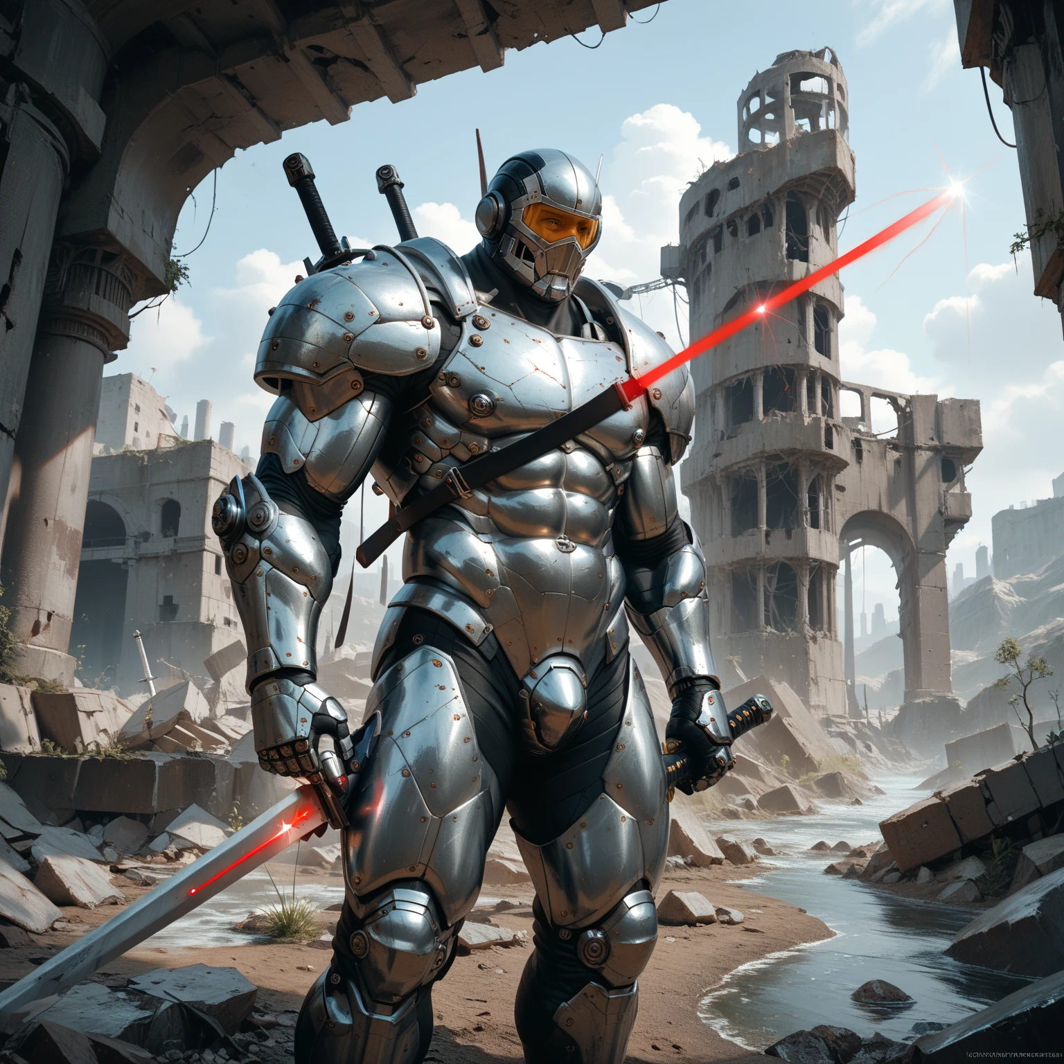 Draw a fully bionic man, muscular, strong, with modern Machin gun, a war Hero