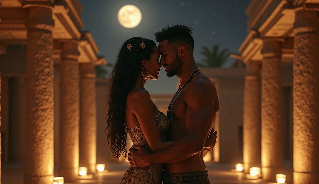 Two muslim couples on the sea in moon night , there is written in boy's qamees "Ayaz", there is written in girl's qamees "shumailh", and boy have a nice hearcut and girl is wearing a crown looking amazing and beautiful , girl's age is 19, boy's age is 23, we are looking them from their back