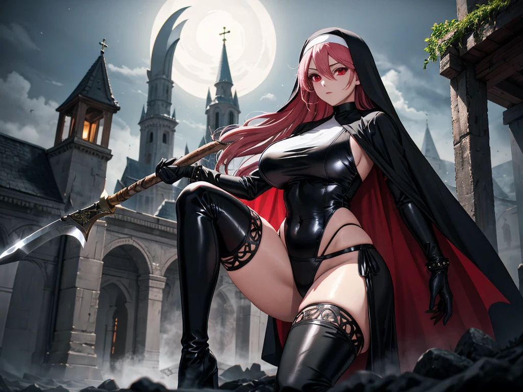 sexy woman, petite, perfect body shape, small breast, holding giant scythe, battle suit outfit, silver color breast plate, battle skirt, (royal cape:1.1), main color is matte black, secondary color is purple, ((wet and bloody body detailed)), sexy and devil aura, original character, masterpieces, seducing purple pupil, black high pony tail with some purple hair, 20 years old, walking under moon and middle of the destroyed street, high quality anime 4k wallpaper, purple gem accessories, golden belt, golden necklace, windy and holy effect, crotch tattoo.
