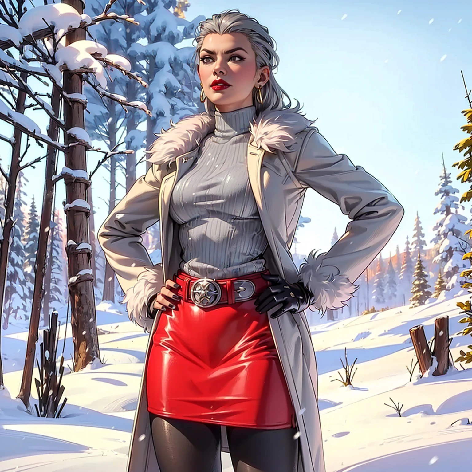 ((1girl, solo ,alone, ((sindel, black eyes, mortal kombat, gray hair, gray highlighted hair, slicked back hair, long hair)), painted nails, gold earrings, ruby earrings)), ((solo, 1woman, pink lipstick, Extremely detailed, ambient soft lighting, 4k, perfect eyes, a perfect face, perfect lighting, a 1girl)), austere, ((fitness, , shapely body, athletic body, toned body)) ,   ((warm clothes, overcoat, fur coat, yellow sweater, leather skirt, tights, pantyhose, red skirt, mountainous environment, snow, sunny day, forest, tundra forest, xuer white fur coat, red lining, smug, belt, red lipstick))