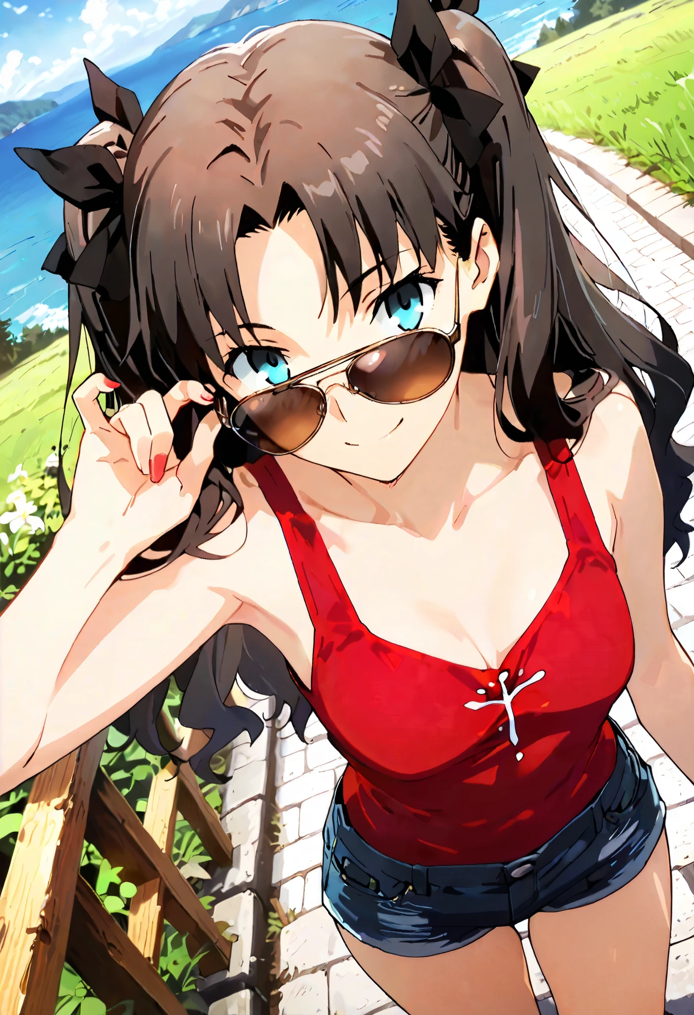 1 woman, tohsaka rin, solo, dutch angle, from above, black hair, blue eyes, aviator sunglasses, dark red tank top, denim shorts, cheerful smile, posing for a photo, outdoors, masterpiece, high quality, highly detailed