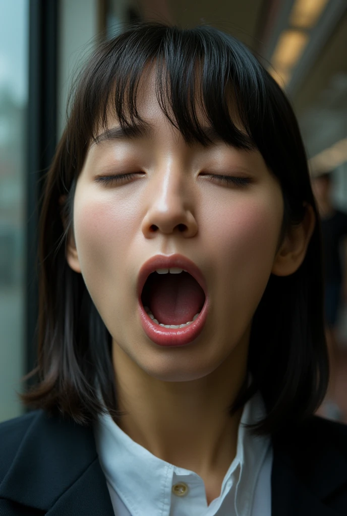 ,Girl, closeup-face, front, screaming, Open your mouth wide, Both eyes closed, Standing Up, Short black hair, White T-shirt, Darkness Light in a Movie Theater, Whole body soaking wet, shy, red cheek, blush, nose blush, embarrassed