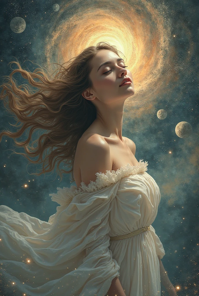 A spiritual woman, she is floating and a bit away from the camera, she is a beautiful woman with long hair, the background is Astrological. SHE'S LOOKING FORWARD TOWARD THE CAMERA