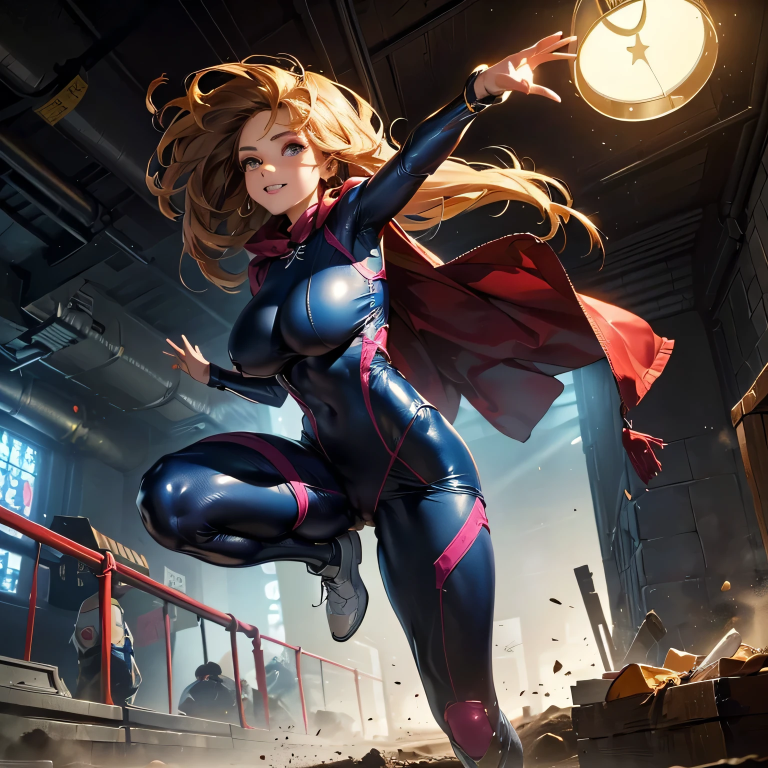 Scifi Room, OPLL, (Female Superhero Running Long Jump Landing Scene:1.3)、(The Moment You Land When You Spread Your Legs Extremely Large and Evenly:1.3)、(Highest quality、8k、High Resolution、masterpiece:1.2)、 RAW photos 、realistic、Ultra-detailed、(perfect anatomy:1.5)、1 girl、solo、((beautiful eyes))、(beautiful well-groomed face)、 Hourglass Figure 、( Upwards Super Big Breasts :1.34)、Wore Erect Nipples and Raised Areolas、 Narrow Waist 、Big Broad Ass 、(Clear pussy )、(Cool Pink Miniskirt Bodysuit)、Mini Cloak 、Extremely thin, body-hugging, and sexy costume、confident smile、viewers after shaving armpit hair、battlefield、wilderness、 from below、Earthen Smoke and Bouncing Sediment、Structure of the film