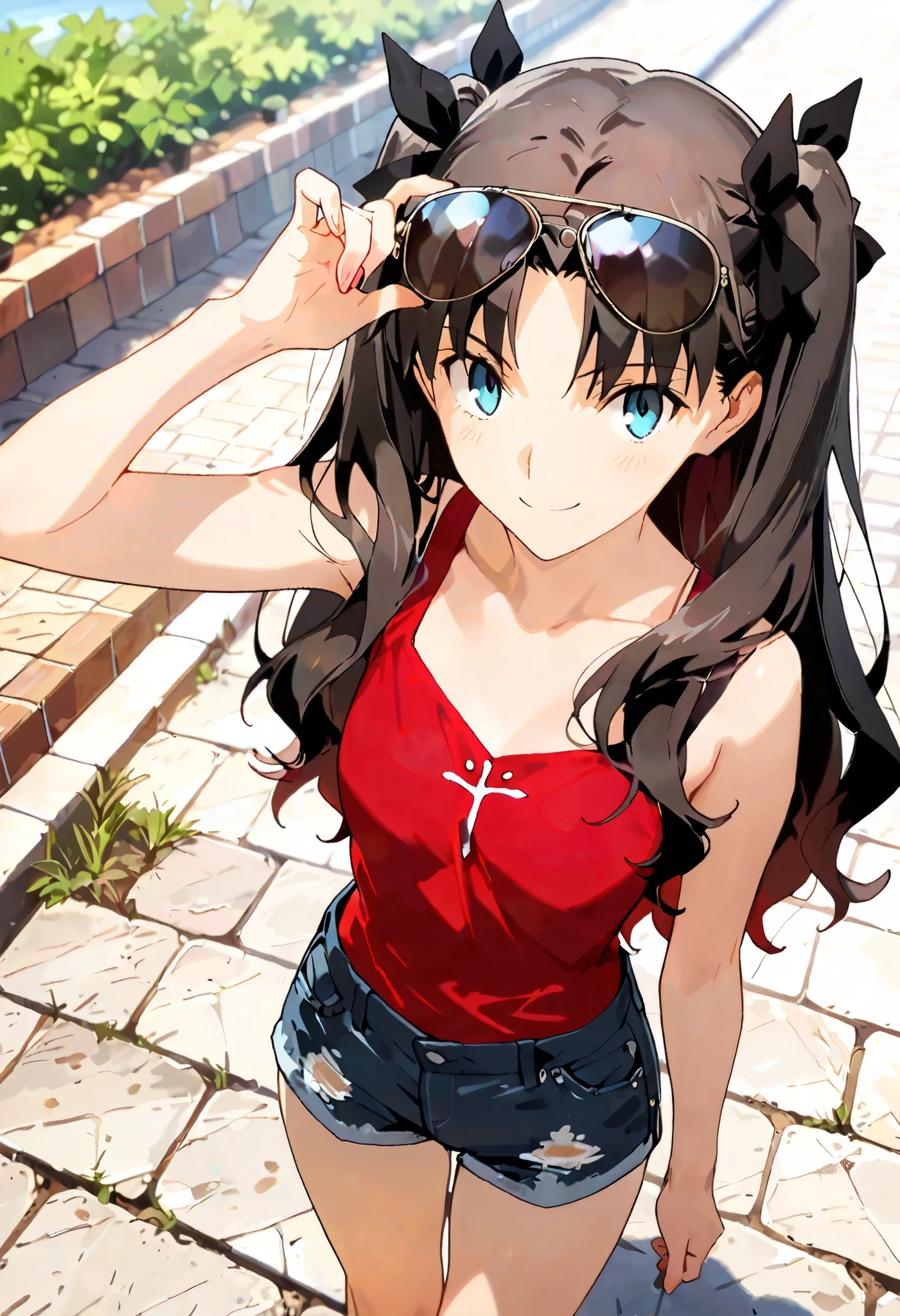 1 woman, tohsaka rin, solo, dutch angle, from above, black hair, blue eyes, aviator sunglasses, dark red tank top, denim shorts, cheerful smile, posing for a photo, outdoors, masterpiece, high quality, highly detailed