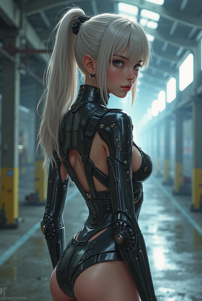 (RAW photo, top quality, masterpiece: 1.2), (realistic, photorealistic: 1.4), (masterpiece: 1.4), (best quality: 1.4), (ultra-detailed), ((high contrast)), (high saturation), (beautiful detailed eyes), ((an extremely delicate and beautiful)), (nice hands, perfect hands), (mechanical cyber city in background), 1 girl, solo, bangs, asymmetrical bangs, beautiful detailed glass hair, blush, bodysuit, black gloves, chest, bunny pose, clothes writing, covered navel, cowboy shot, outdoor, hair intake, impossible bodysuit, impossible clothes, big breasts, latex, latex bodysuit, long hair, long sleeves, watch viewer, big, black leather bikini, cyber suit, green eyes, shiny clothes, shrug, side lock, tight skin, cleavage, belly, thigh gap, thighs, twin tails,gray hair, (shiny skin), realistic, Cybernetic_Jawless, mechanical parts, cybernetic, urbansamurai_v0.3, AB_robot, robot, mechaware, tattoo