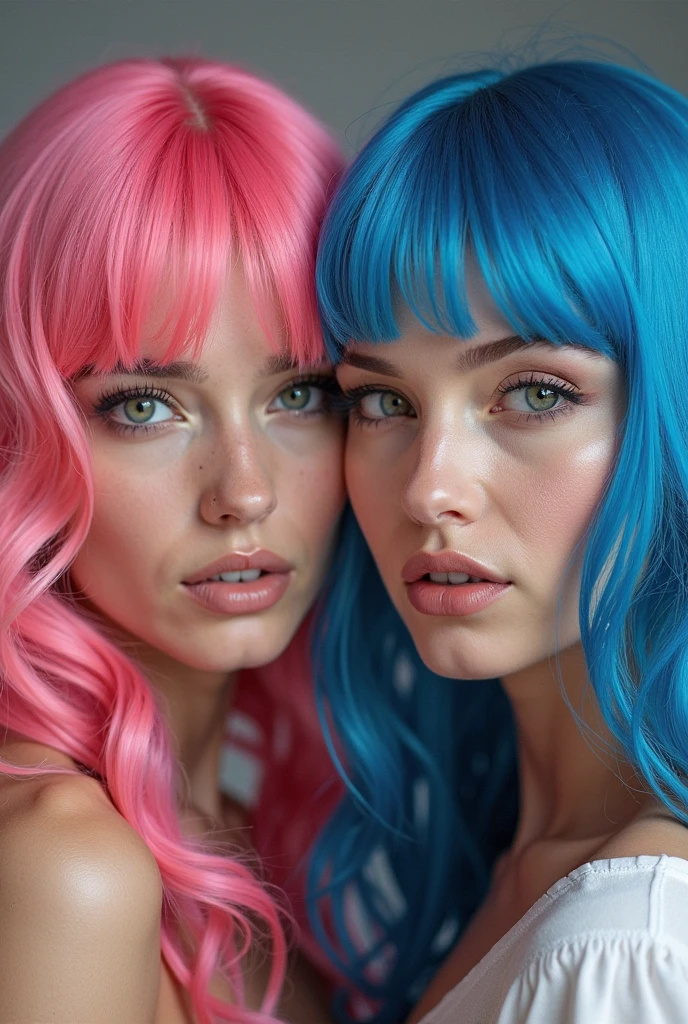 Four 22 year old girl punk BDSM models, dyed hair. Facing viewer, pastel theme, soothing tones, muted colours, high contrast, (natural skin texture, hyperrealism, soft light, sharp) glamour magazine