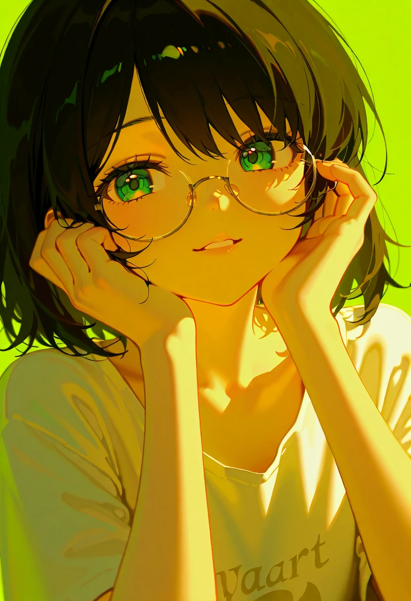 A beautiful young woman in anime-style with short, wavy black hair and large, round gold-rimmed glasses. Her eyes are bright and expressive, with a soft green hue, and her cheeks have a natural rosy tint. She has a gentle smile, slightly parted lips, and smooth, fair skin with delicate shading. She wears a simple white T-shirt with a small anime-style illustration printed on the chest. The background is a soft, neutral tone, and the lighting is warm and diffused, enhancing the soft, dreamy aesthetic. The art style is highly detailed and semi-realistic anime with smooth shading and elegant linework.