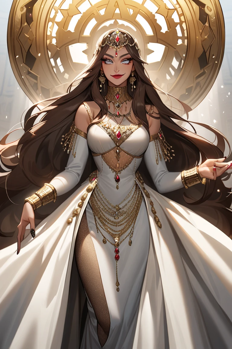 ((best quality)), ((4k)), ((highres)), ((masterpiece:1.2)). ((detailed)), ((ultra realistic)), ((intricate details)), ((full body picture)), ((character design sheet)), a full body picture of a beautifull hispanic female, hispanic woman, dark olive skin, hispanic princess, hispanic model, perfect face, detailed eyes, detailed lips, ((luscious red lips)), about 25 years old, about 6'0 ft. tall, long wavy brown hair, ((emphasis on her long wavy brown hair)), pretty, feminine woman, hourglass figure, perfect body, well toned body, dressed in a long white halter dress with leg slit, strappy lace up high heels, showing cleavage, multi-colored outfit, predominantly white outfit with golden and blue adornaments, glamorous, glamorous model, regal, superhero character, superhero concept art, superhero character concept art, full body, full body concept art, full body art