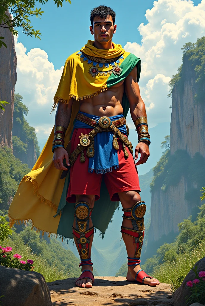Humanoid character, brown skin, short straight hair, Tupi Guarani amulets, two wings of parrot macaw, and human body, tall body and covered with feathers, sunset forest scenery, bright colors, 8k quality, cinematic focus, trend in artstation