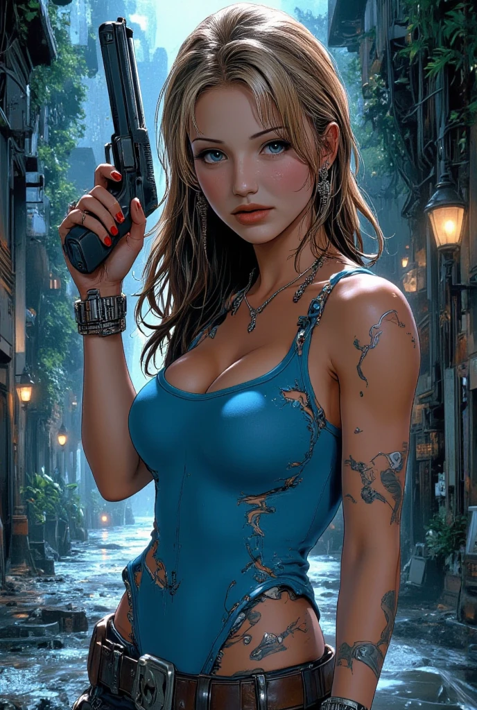  Jenna Coleman, Emma Rigby, Emilie de Ravin, ,sitting on some stairs, ripped jeans, tank top, upshirt, ((pulls up her shirt)) , slightly muscular, Beautiful realistic waifu style girl, hyperdetailed painting, luminism, art by Carne Griffiths and Wadim Kashin concept art,  post-apocalyptic background, abstract beauty, approaching perfection, pure form, golden ratio, minimalistic, dark atmosphere, unfinished, concept art, intricate details, 8k post production, high resolution, hyperdetailed, trending on artstation, sharp focus, studio photo, intricate details, highly detailed, by artgerm.