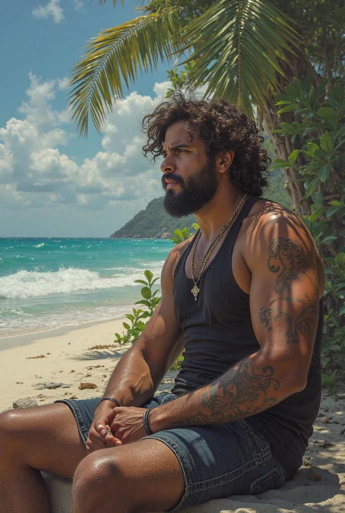 Young hairy and bearded mixed race man wearing a red thong on the beach.