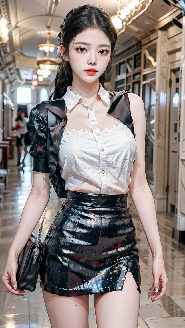 Best quality, RAW photo, realistic, SFW, soft light, detailed photo, masterpiece, extreme high resolution, (many people behind photos), (classroom), 1chinese girl, cute, beautiful, 18 years old, black long hair, silky hair, blue eyes, smooth skin, detailed beautiful face, a4 waist, small breasts, huge thighs, long socks, short skirt, brown sweater, focus on subject, sitting on chair, one leg over another, bossy vibe, (serious face), ((everyone looking at her)), (people_count_slider_v1:2), crowd behind,
