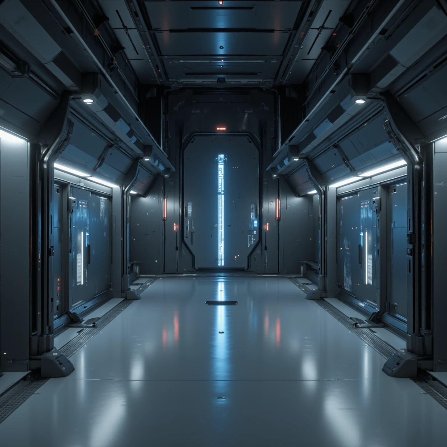 "The image depicts a futuristic corridor inside an advanced station. The metal walls reflect soft lighting coming from light strips embedded in the ceiling and the floor. On both sides of the corridor, there are futuristic doors equipped with interactive holographic panels and pulsing blue LEDs.  At the end of the corridor , a large reinforced door stands out, suggesting possible access to a restricted or central area of the station. The environment transmits a sophisticated and technologically advanced atmosphere, evoking a clean and minimalist design."