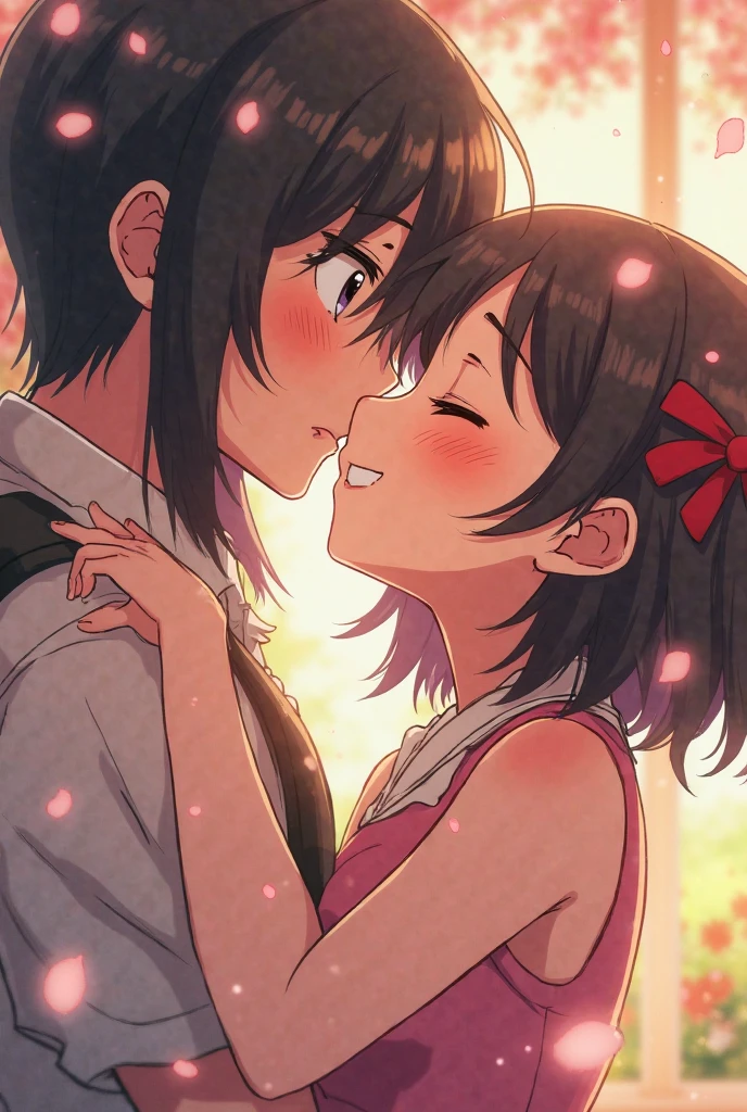 shinkai makoto, kimi no na wa., 1girl, 1boy, bangs, black hair, short hair, blush, (boy wear black pants), ((girl wear blue skirt, red headband, red ribbon)), shirt, white shirt, short sleeves, cute, love, couple, adorable, dating, (((kiss, deep kiss, tongue, saliva))), closed eyes, passionate hug, dynamic light, valentine background, sunset background, In a romantic atmosphere, Feel the romantic theme of Valentine's Day