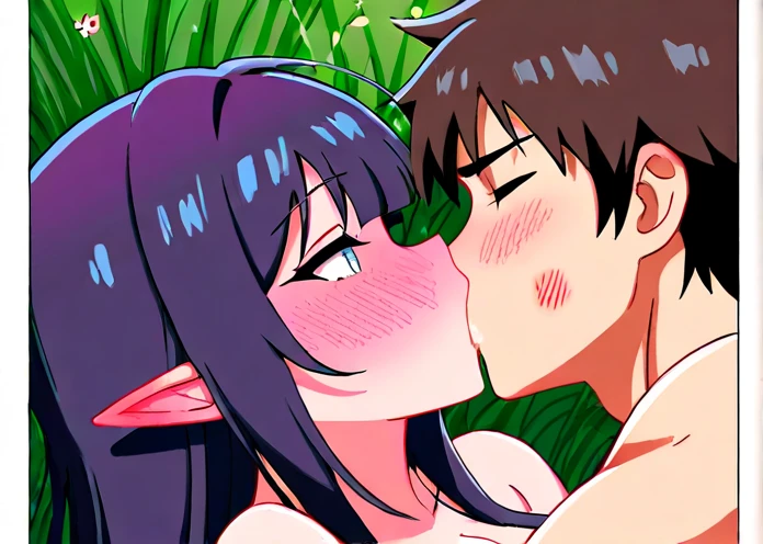 score_9, score_8_up, score_7_up, score_6_up, source_anime, BREAK by ikuchan kaoru, iku, clean color, flat color, 2boys, 1girl, cooperative fellatio, eren, teen titans, starfire, starfire and robin, gay, gigantic penis, enormous penis, outdoors, in Forest, nude, robin (twink, male, femboy, flat chest), starfire (sexy, female, large breasts)