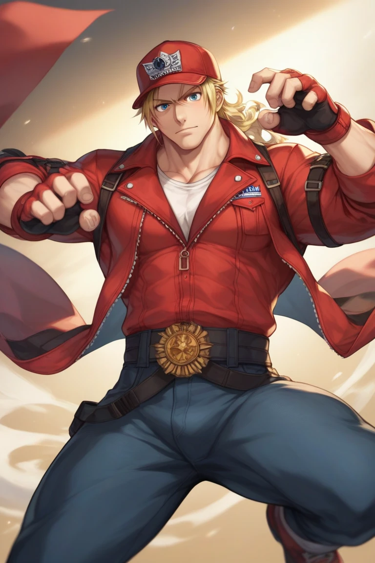 • Head:
• The character has a tall, flat-top hairstyle, with blond hair styled into a distinctive square shape.
• His face is stern and rugged, with a strong jawline and a determined expression.
• The character has a light beard and mustache, adding to his tough and masculine appearance.
• Upper Body:
• The character is wearing a black leather jacket with an American flag design on the right shoulder, symbolizing a patriotic theme.
• Underneath the jacket, he wears a red tank top, revealing his muscular physique.
• The jacket has a zipper on the front and is open enough to display part of the tank top.
• He has black fingerless gloves with metal studs, enhancing his tough and combat-ready look.
• His arms are muscular, and the jacket sleeves are rolled up to the elbows, showing his forearm strength.
• Lower Body:
• The character is wearing black leather pants with various straps and buckles, contributing to his rugged and rebellious style.
• The right leg of the pants features an American flag pattern, matching the flag on his jacket, adding continuity to his outfit.
• He has knee pads integrated into the pants, indicating that he is prepared for physical confrontations.
• Feet:
• The character is wearing heavy, black combat boots with thick soles, designed for durability and toughness.
• The boots have multiple straps and buckles, adding to the overall rugged and military-inspired appearance.
• Accessories:
• The character is equipped with a large, black belt with a metal buckle, securing his pants and adding to his robust appearance.
• He also has arm guards or bracelets that appear to be made of leather, further emphasizing his combat readiness.
• Pose:
• The character is standing in a confident, wide-legged stance, with one hand on his hip and the other clenched into a fist, ready for action.
• His posture exudes strength, confidence, and readiness for battle, indicating that he is not one to be easily intimidated.
solo, Simple Background
