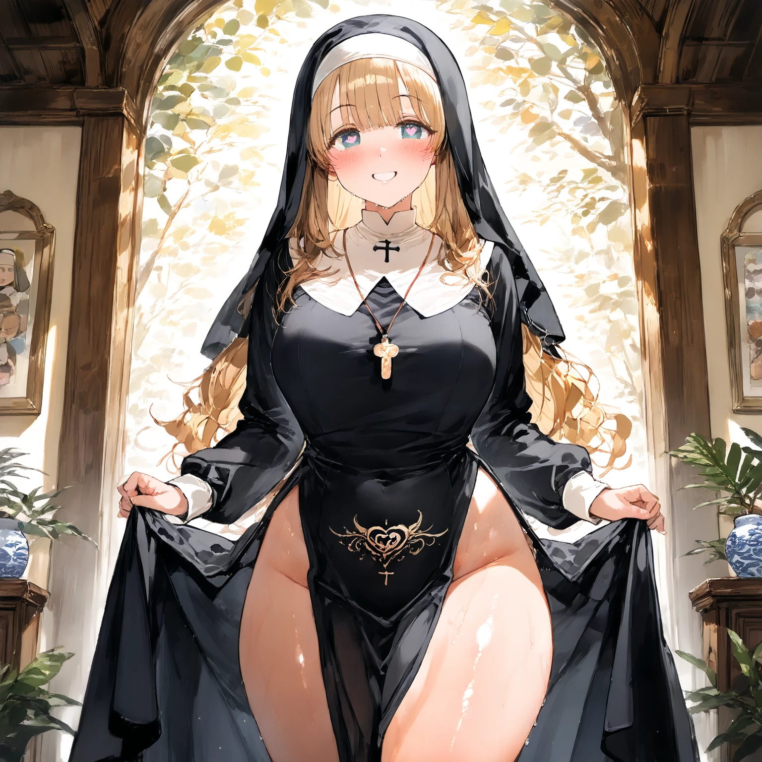 One girl, Blonde Hair, Red eyes, Big Breasts, Wide Hips, Nun costume, A shy smile, Mature Woman, Church Background, Textured skin, Ultra-high resolution, Ultra-high resolution, Ultra-high resolution, Ultra-high resolution, Awards, Attention to detail, Incredible high key lighting and shadows, masterpiece, Great illustrations,Knee-high socks、Long gloves,Knee-high socks、Long gloves