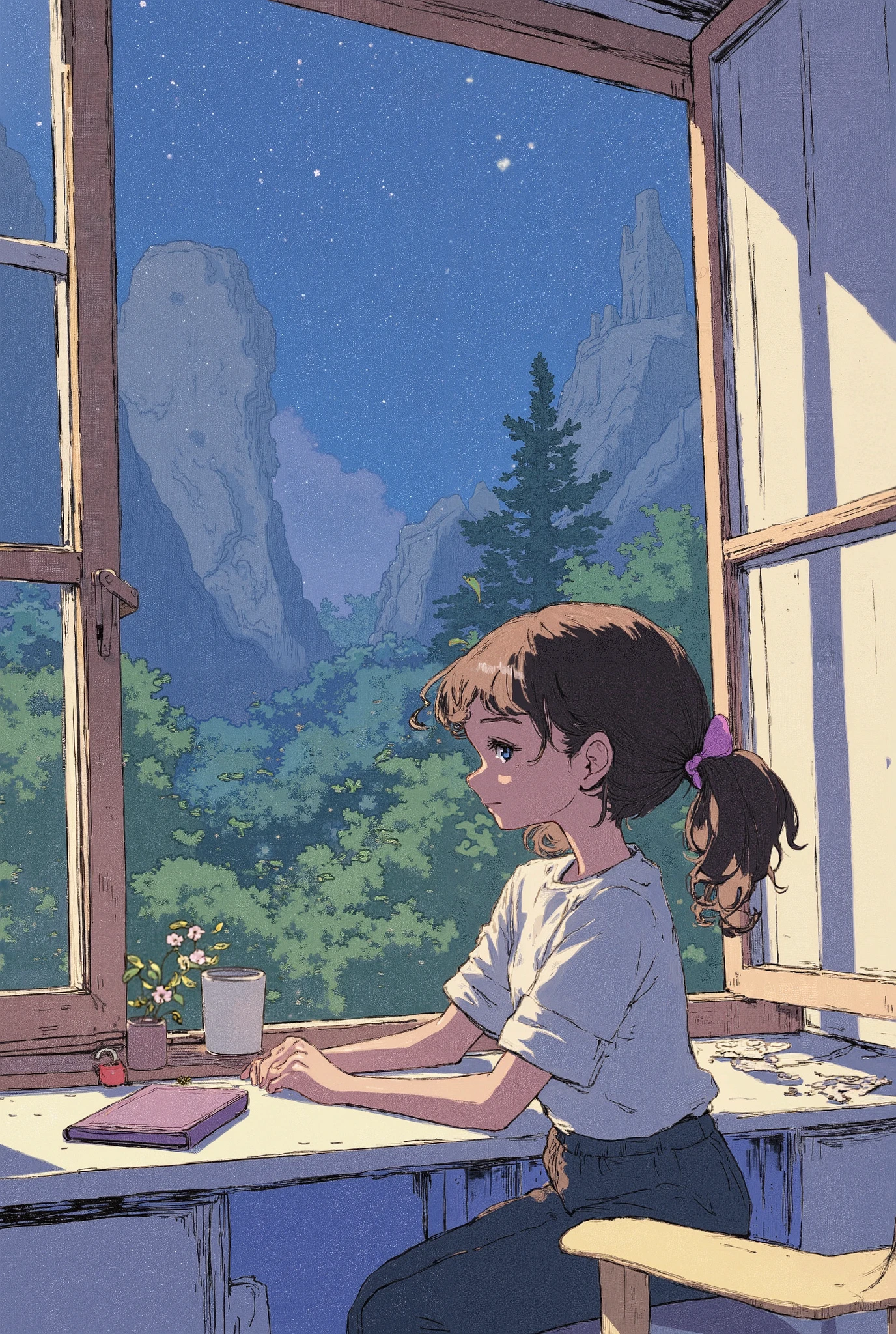 18 old pretty girl, smart passion , sitting next to window, amazing forest view can see outside of the window, night sky