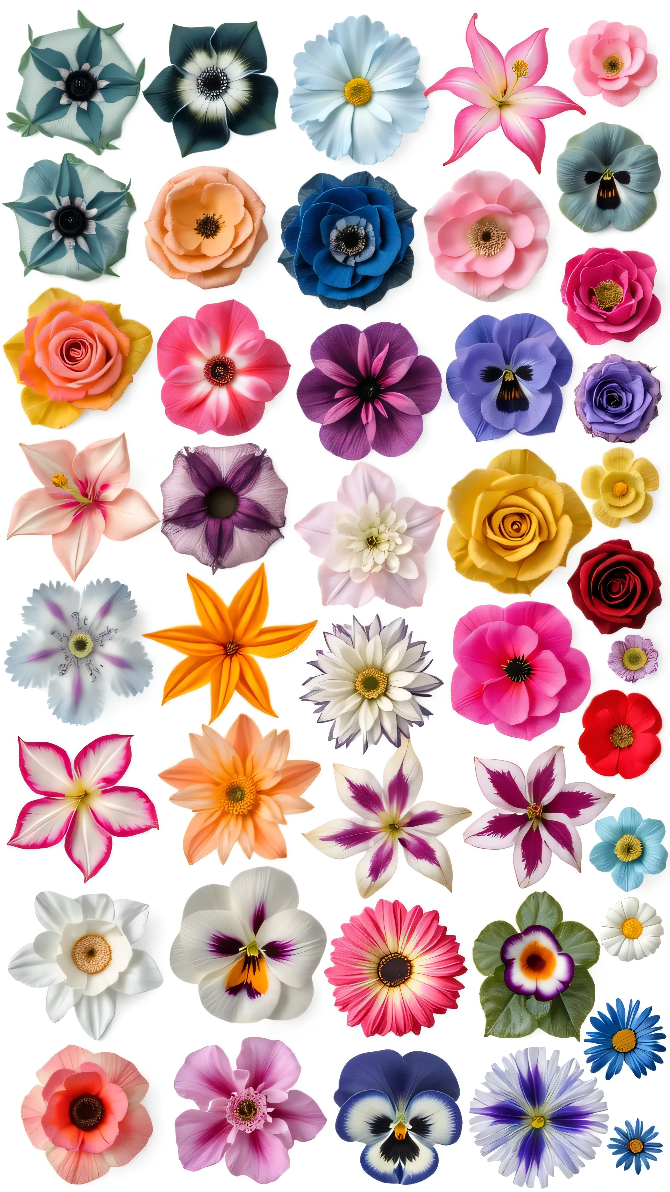 This image is a collection of high-resolution photographs of a wide variety of flowers, each presented individually on a white background. Let's break down its features and potential uses:
Features:
High-Resolution Photography: The images are professional-grade photographs, showcasing the flowers with sharp detail and vibrant colors. The lighting and composition are consistent throughout, creating a visually appealing and uniform presentation.
Diverse Floral Selection: A broad range of flower types and colors is represented, including various roses, lilies, hibiscus, dahlias, pansies, asters, and other blossoms. This diversity is a significant strength.
Clean Background: The white background isolates each flower, making them the clear focal point and simplifying their integration into various designs.
Individual Presentation: Each flower is presented individually, making it easy to select and use specific images for different purposes.
Potential Uses:
The high quality, variety, and individual presentation of these images make them highly versatile:
Websites and Blogs: Ideal for illustrating articles, posts, or showcasing floral designs on websites, blogs, or online platforms related to gardening, floral design, or art.
Graphic Design: Perfect for use in graphic design projects such as brochures, invitations, websites, or digital artwork. The individual images allow for flexibility in creating compositions.
Print Media: Suitable for use in print media such as magazines, newspapers, books, or greeting cards.
Textile Design: Could inspire or be directly used in textile design for fabrics, wallpapers, or other printed materials.
Stock Photography: Excellent candidates for stock photography websites, offering a diverse range of high-quality flower images.
Educational Materials: Could be used in educational materials related to botany, horticulture, or art.
Strengths:
High-Quality Images: Professional photography makes the flowers look fresh and vibrant.
Extensive Va