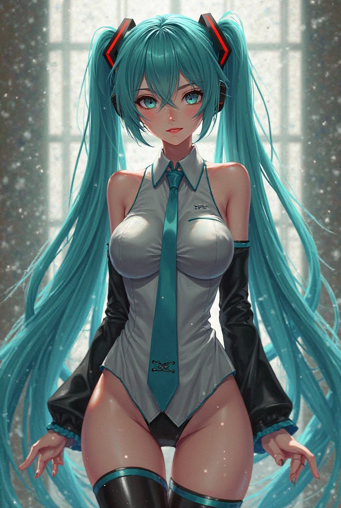 1girl,solo,cowboy shot,standing,(blue green hair:1.2),very long hair, twin tails,bangs,(red hair ornements),(blue green eyes:1.2),(beautiful fingers:1.4),(perfect anatomy:1.4),(arms_behind_back:1.6),(latex luster shiny glossy:1.6),(shiny_clothes:1.6),medium breasts,beautiful breasts,masterpiece,best quality,(Ultra high definition eyes:1.2),8k,(Beautiful detailed eyes:1.2),(Fine and beautiful eyes:1.2),(pretty eyes:1.2),finely detail,extremely CG, absurdres,high resolution,illustration,Detailed and beautiful outlines,finely detail,high resolution,(colorful refraction:1.4,Increase saturation:1.2),beautiful lighting,dynamic lighting,closed room,black background,simple background, smile,looking at viewer,mikudef, white shirt,green tie,black sheer sleeves,(black thigh boots:1.4)