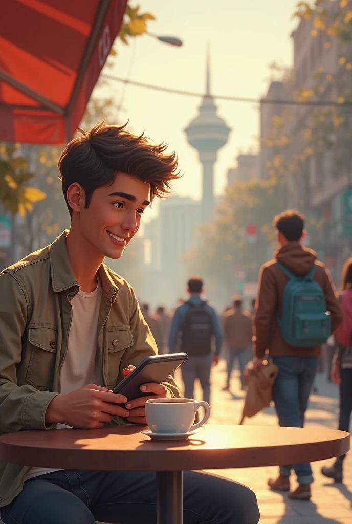 :
"A 5-second 2D animated video in 4K resolution with natural colors. The scene begins with a young man sitting at a café table beside a busy sidewalk. He’s casually dressed, holding a tablet in one hand, and a steaming coffee cup sits on the table in front of him. The camera pans slightly to reveal the background: Tehran’s Milad Tower faintly visible through a haze of smoke and pollution. People are walking back and forth along the sidewalk, some blurred to suggest motion, creating a lively urban atmosphere. The lighting is soft and warm, with vibrant yet realistic colors enhancing the natural feel. The video ends with a subtle zoom-in on the man as he smiles faintly while looking at his tablet."