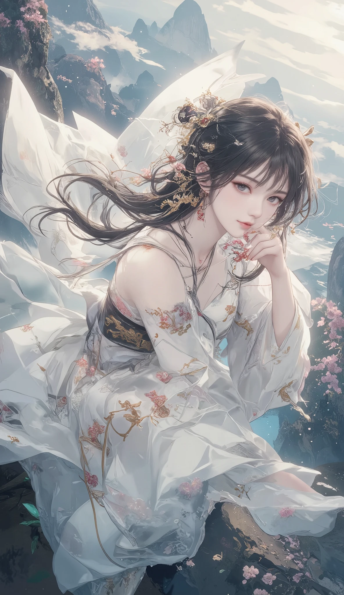 ((Highest quality, 8k, masterpiece, ultra detailed )), Chest, Delicate Eyes, white silk clothes, Clothes are worn, is flying, China's natural mountains and rivers