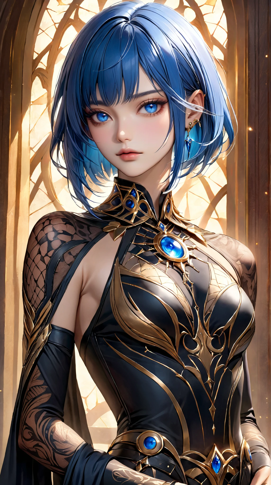 Adult woman, Short blue hair, blue eyes, big breastes, pale skin, Ice Crown, ice dress, Cold, emotionless look, blue lipstick, Masterpiece, hiquality