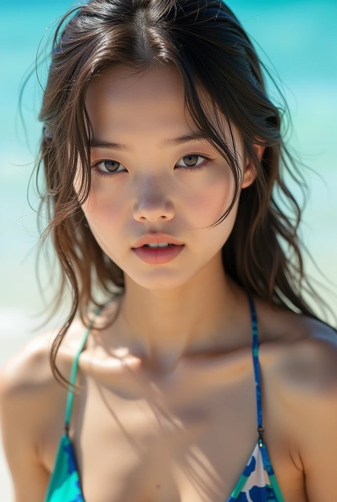 (((one person&#39;s,alone))),(Highly realistic photos, High resolution, Detailed face, Beautiful Eyes) 18-year-old, Big eyes, Nice body, Mid-chest, ,Hairstyle, Healthy Body,Thighs、Korean Idol、Written boundary depth,Narrow eyes,A light smile、Wind、that&#39;It&#39;s raining a little、Body like a model、Waterfront、Dark Shadows、Dark Sky、(Bikini style beach volleyball uniform:1.5),The most beautiful faces in Asia