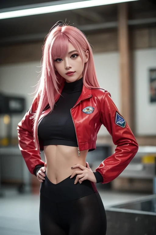 very detailed background, masterpiece, best quality, 1girl, solo, ((masterpiece, best quality)),best aesthetic, zero two (darling in the franxx), darling in the franxx, bangs, biting, blush, covered navel, eyeshadow, green eyes, hair behind head, hand on hip, horns, smile, long hair, looking at viewer, makeup, medium breasts, pilot suit, red suit, pink hair, red eyeshadow, science fiction, skin tight,