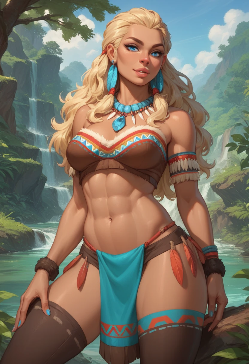 Extremely detailed Artgerm style: This sets the overall artistic style with a high level of detail. Fantasy art: This specifies the genre. Goddess of the treen forest: This defines the character's role and gives context to the setting. Woman with long, elf ears: This incorporates the elf features. Black skin: This specifies the character's race. Ornate bikini armor: This combines the skimpy clothing with a fantastical, protective element. Blue high heels standing straight symmetrical: This suggests the color of the bikini and potentially the water body. Long, messy blonde hair: This adds a detail that contrasts the Artgerm style, which is typically more polished for hair.